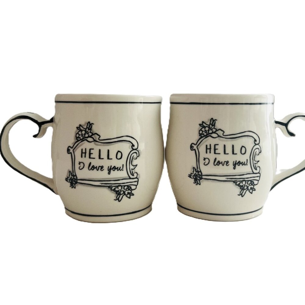 2 Anthropologie Katie Mandy “Hello I Love You” Red and White Ceramic Mug
